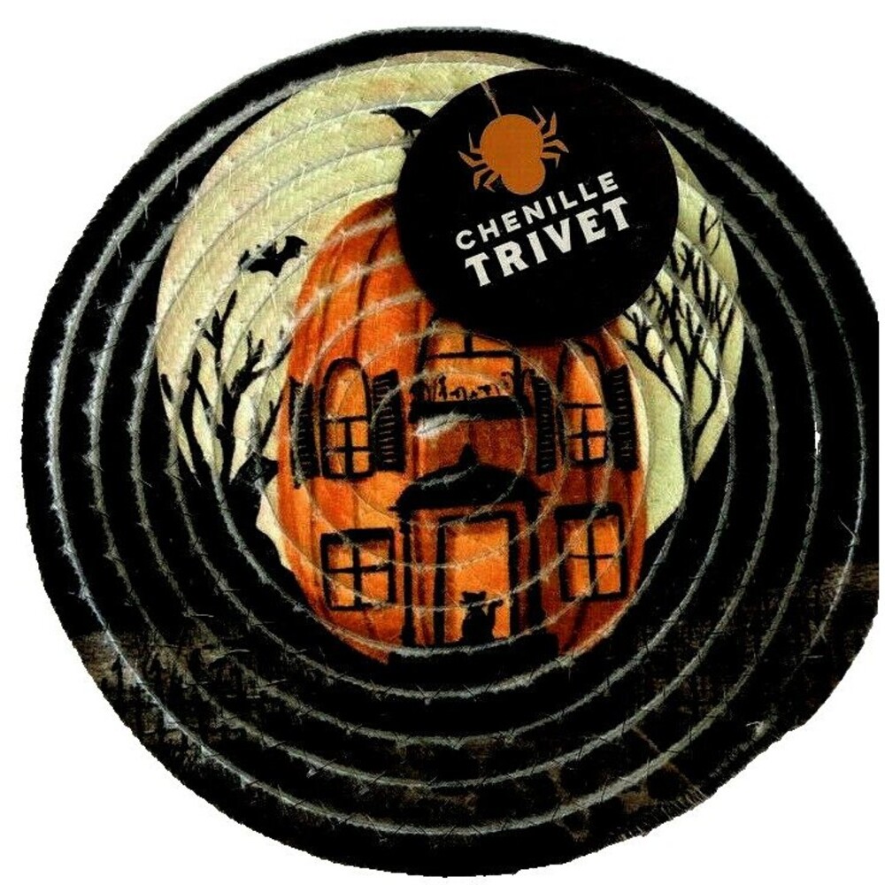 Halloween Trivet Pumpkin Haunted House Braided 9" Round Hot Pad Chenille Spooky